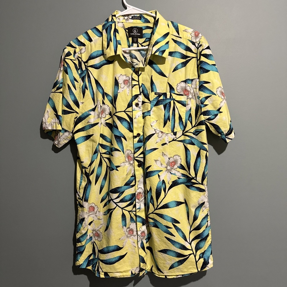 Y2K VOLCOM YELLOW TROPICAL HIDEOUT SS WOVEN Men's Large Floral button Down Shirt